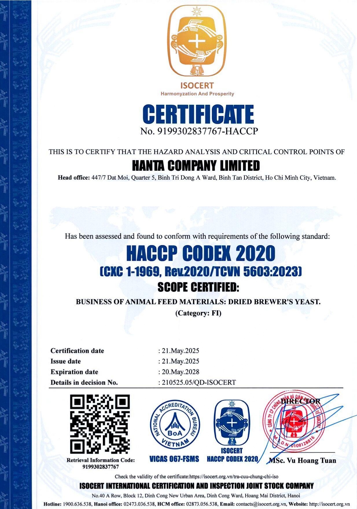 HANTA HACCP Certificate (2025)